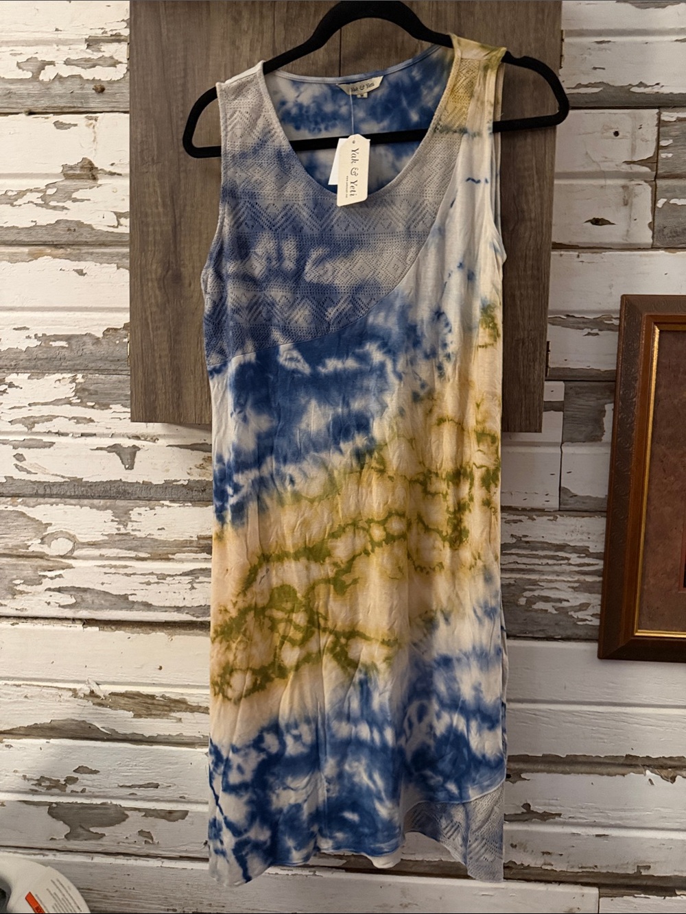Tie-Dye Midi Dress with Blue and Olive Accents